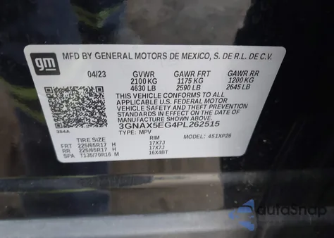 2023 Chevrolet Equinox Awd 1Fl from USA, damaged, VIN 3GNAX5EG4PL262515